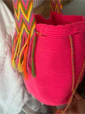 Bright Pink Crochet Shoulder Bag with Multicolor Woven Strap